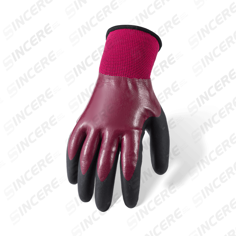 Guantes térmicos impermeables de poliéster de calibre 13 con doble capa — inmersión completa de nitrilo morado con palma microespumosa negra, forro polar de 10 G