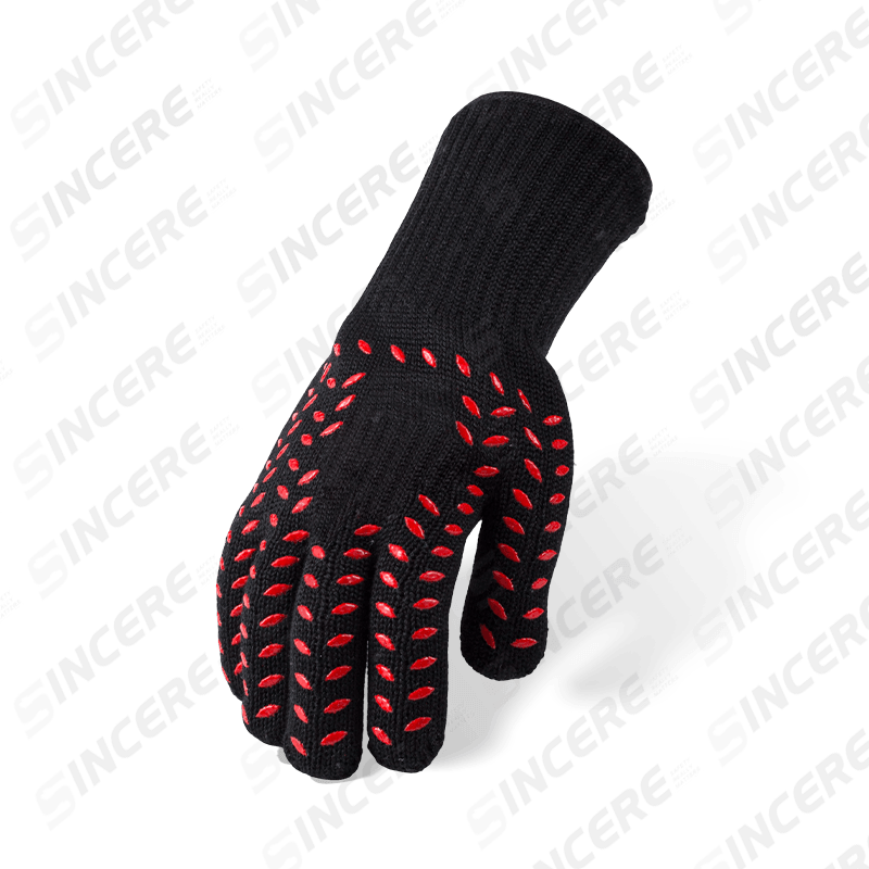 Guantes de aramida negra calibre 7 con forro 100 % algodón y revestimiento de silicona de doble cara — resistentes al calor nivel 2 con protección contra cortes