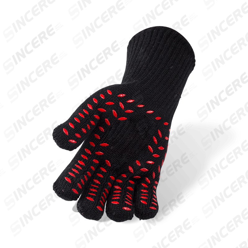 Guantes de aramida negra calibre 7 con forro 100 % algodón y revestimiento de silicona de doble cara — resistentes al calor nivel 2 con protección contra cortes