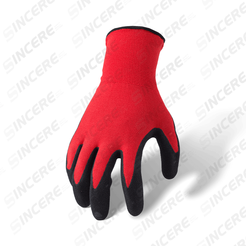 Guantes de trabajo recubiertos de palma arenosa de nitrilo de poliéster calibre 13 — forro rojo, agarre negro
