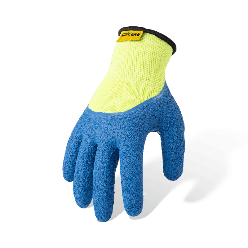 Guantes de trabajo con inmersión de 3/4 arrugados de látex de poliéster calibre 13 — amarillo Hi-Vis Guantes de trabajo con inmersión de 3/4 arrugados de látex de poliéster calibre 13 — amarillo Hi-Vis