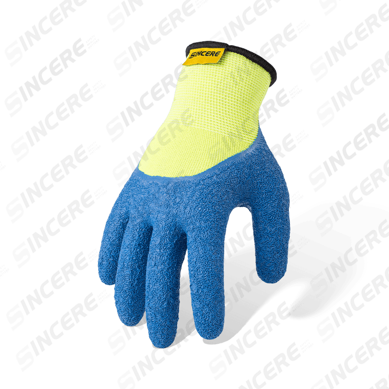 Guantes de trabajo con inmersión de 3/4 arrugados de látex de poliéster calibre 13 — amarillo Hi-Vis