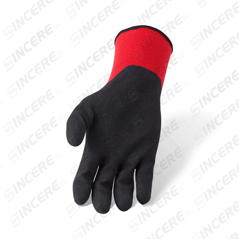 Guantes de trabajo recubiertos de palma arenosa de nitrilo de poliéster calibre 13 — forro rojo, agarre negro Guantes de trabajo recubiertos de palma arenosa de nitrilo de poliéster calibre 13 — forro rojo, agarre negro