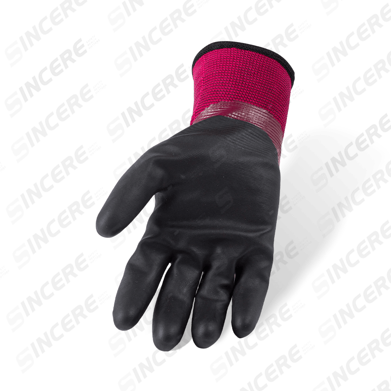 Guantes térmicos impermeables de poliéster de calibre 13 con doble capa — inmersión completa de nitrilo morado con palma microespumosa negra, forro polar de 10 G