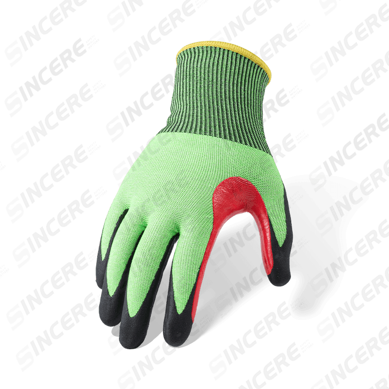 Guantes resistentes a cortes ANSI A6 de calibre 18 con palma de microespuma de nitrilo negro y entrepierna de pulgar reforzada