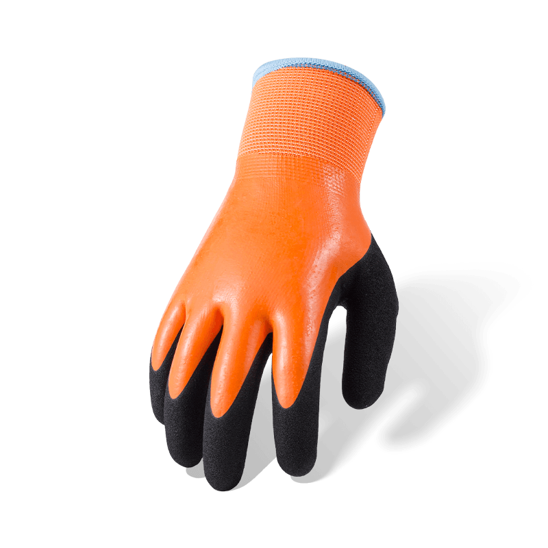 Guantes de látex naranja totalmente recubiertos de poliéster calibre 13 con refuerzo de pulgar arenoso negro y forro polar térmico