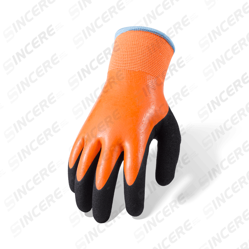 Guantes de látex naranja totalmente recubiertos de poliéster calibre 13 con refuerzo de pulgar arenoso negro y forro polar térmico