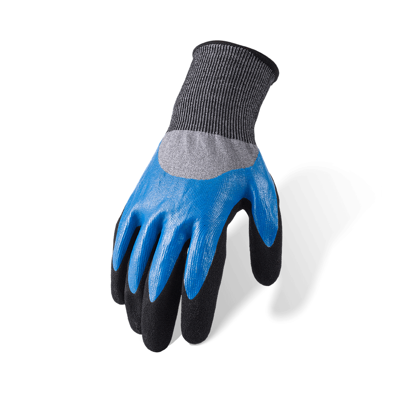 Guantes resistentes a cortes ANSI A6 calibre 18 — inmersión suave de nitrilo azul de 3/4 con capa superior de palma arenosa negra