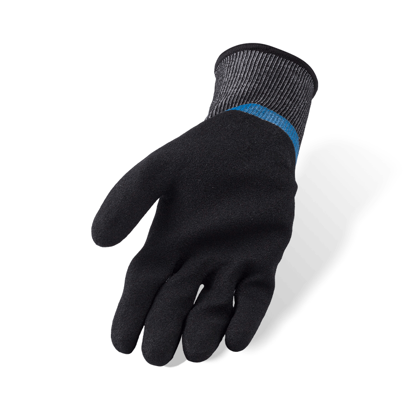 Guantes resistentes a cortes ANSI A6 calibre 18 — inmersión suave de nitrilo azul de 3/4 con capa superior de palma arenosa negra Guantes resistentes a cortes ANSI A6 calibre 18 — inmersión suave de nitrilo azul de 3/4 con capa superior de palma arenosa negra