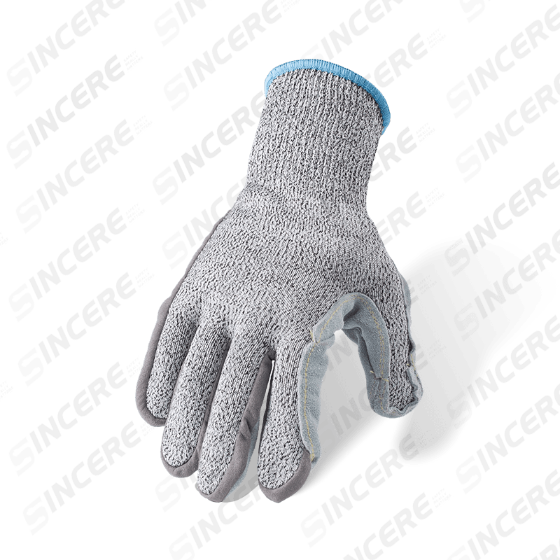 Guantes resistentes a cortes ANSI A6 de calibre 13 con construcción cosida con palma de cuero de vaca de grano completo