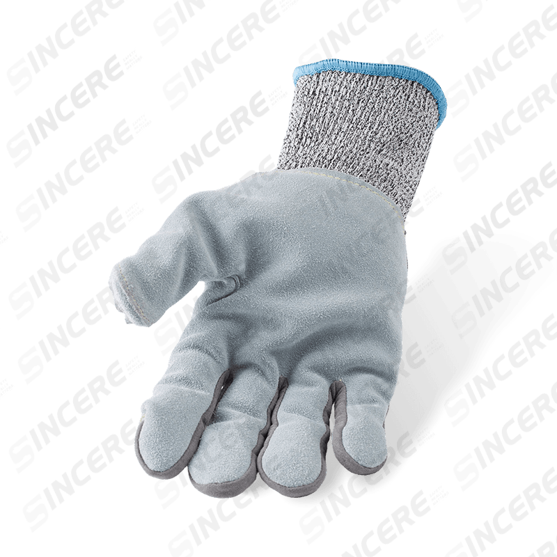 Guantes resistentes a cortes ANSI A6 de calibre 13 con construcción cosida con palma de cuero de vaca de grano completo Guantes resistentes a cortes ANSI A6 de calibre 13 con construcción cosida con palma de cuero de vaca de grano completo
