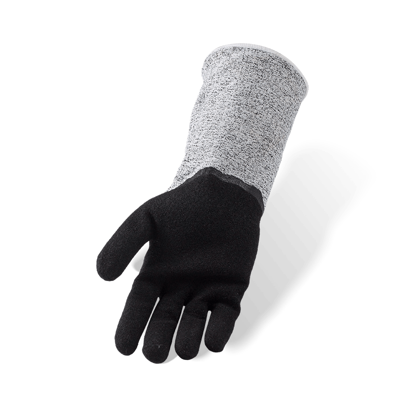 Guantes resistentes a cortes ANSI A6 calibre 13 con puño extendido y palma arenosa de nitrilo negro Guantes resistentes a cortes ANSI A6 calibre 13 con puño extendido y palma arenosa de nitrilo negro