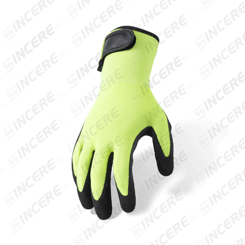 Guantes de trabajo de palma arenosa de nitrilo de poliéster calibre 13 con cierre de muñeca de velcro ajustable Guantes de trabajo de palma arenosa de nitrilo de poliéster calibre 13 con cierre de muñeca de velcro ajustable