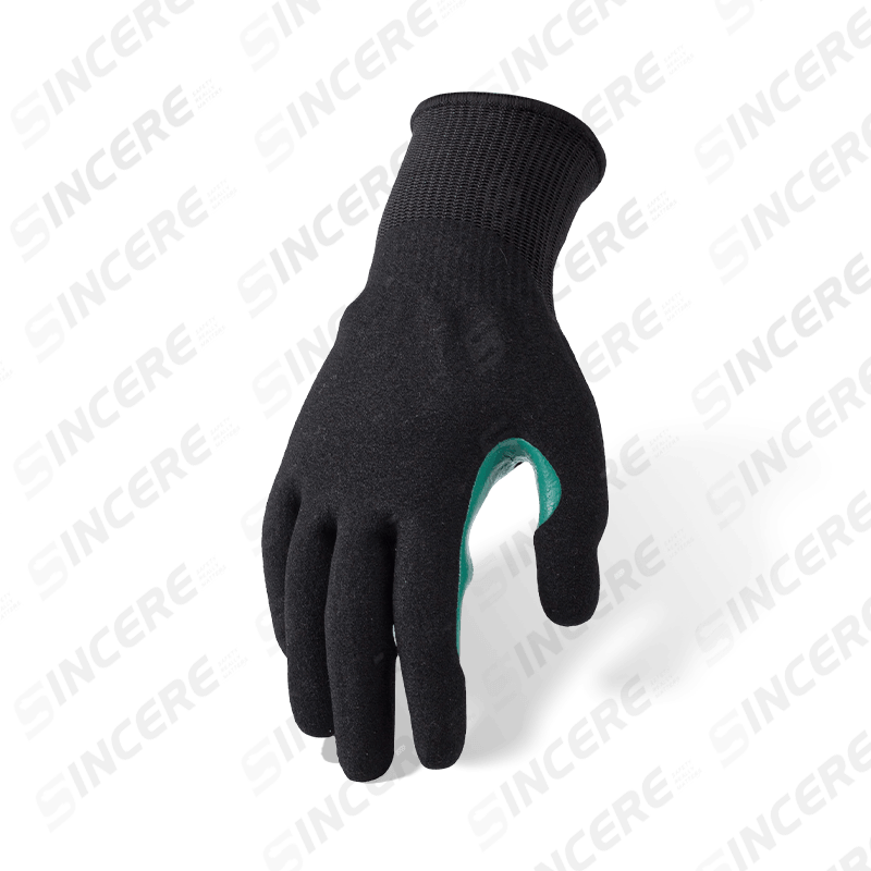 Guantes resistentes a cortes ANSI A8 calibre 13 con palma arenosa de nitrilo negro y entrepierna con pulgar reforzada azul Guantes resistentes a cortes ANSI A8 calibre 13 con palma arenosa de nitrilo negro y entrepierna con pulgar reforzada azul
