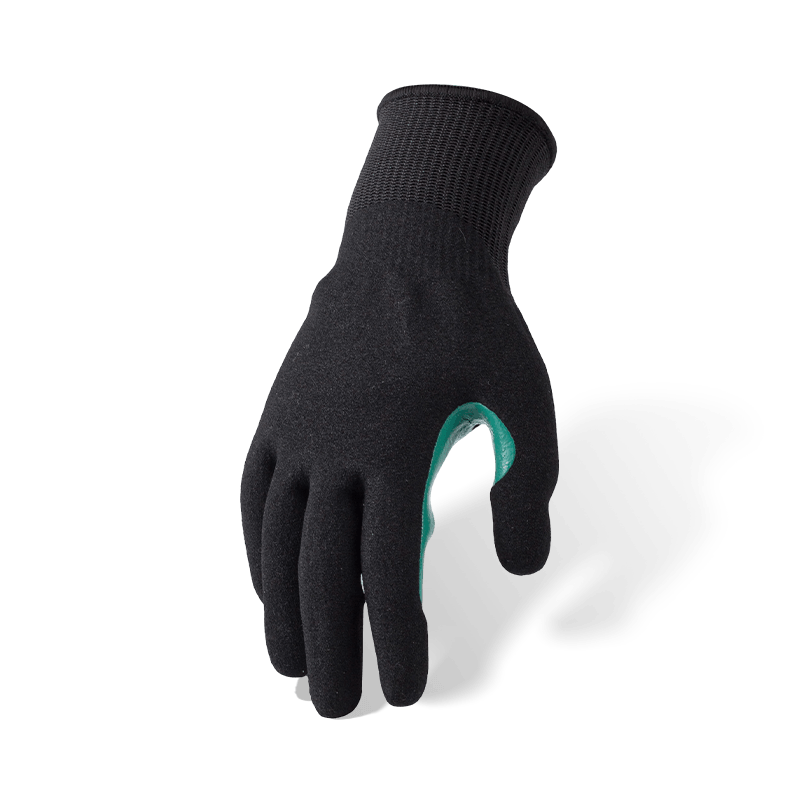 Guantes resistentes a cortes ANSI A8 calibre 13 con palma arenosa de nitrilo negro y entrepierna con pulgar reforzada azul