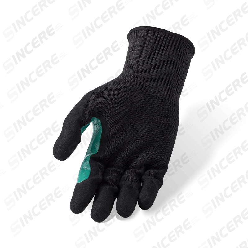 Guantes resistentes a cortes ANSI A8 calibre 13 con palma arenosa de nitrilo negro y entrepierna con pulgar reforzada azul Guantes resistentes a cortes ANSI A8 calibre 13 con palma arenosa de nitrilo negro y entrepierna con pulgar reforzada azul