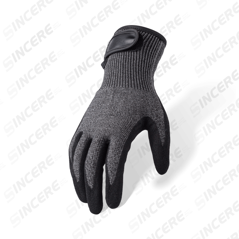 Guantes resistentes a cortes ANSI A5 calibre 13 con palma arenosa de nitrilo negro y muñeca de velcro ajustable Guantes resistentes a cortes ANSI A5 calibre 13 con palma arenosa de nitrilo negro y muñeca de velcro ajustable