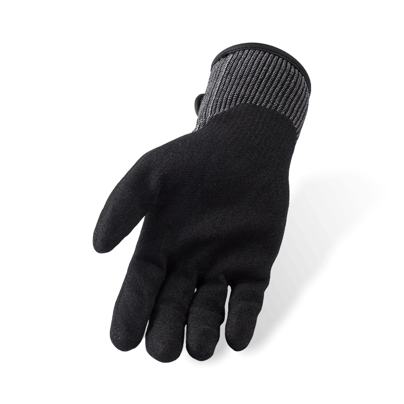 Guantes resistentes a cortes ANSI A5 calibre 13 con palma arenosa de nitrilo negro y muñeca de velcro ajustable Guantes resistentes a cortes ANSI A5 calibre 13 con palma arenosa de nitrilo negro y muñeca de velcro ajustable
