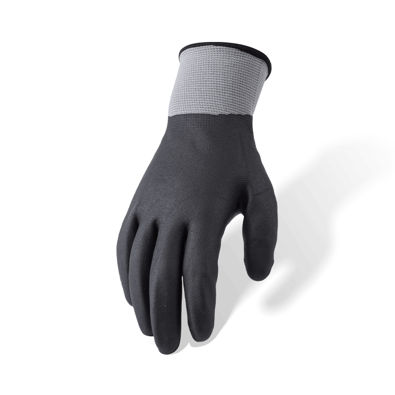 Guantes de microespuma de nitrilo negro totalmente recubiertos de poliéster calibre 15 — impermeables y resistentes al aceite Guantes de microespuma de nitrilo negro totalmente recubiertos de poliéster calibre 15 — impermeables y resistentes al aceite