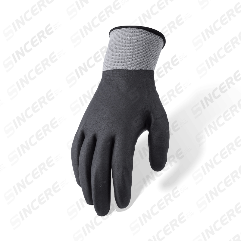 Guantes de microespuma de nitrilo negro totalmente recubiertos de poliéster calibre 15 — impermeables y resistentes al aceite
