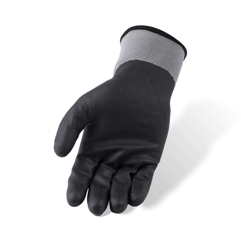 Guantes de microespuma de nitrilo negro totalmente recubiertos de poliéster calibre 15 — impermeables y resistentes al aceite Guantes de microespuma de nitrilo negro totalmente recubiertos de poliéster calibre 15 — impermeables y resistentes al aceite