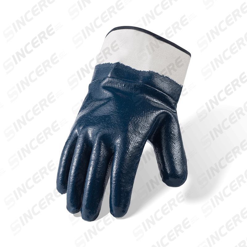Guantes de trabajo de nitrilo azul con forro polar de algodón de calibre 7, totalmente recubiertos — lisos, impermeables, resistentes al aceite y a los químicos