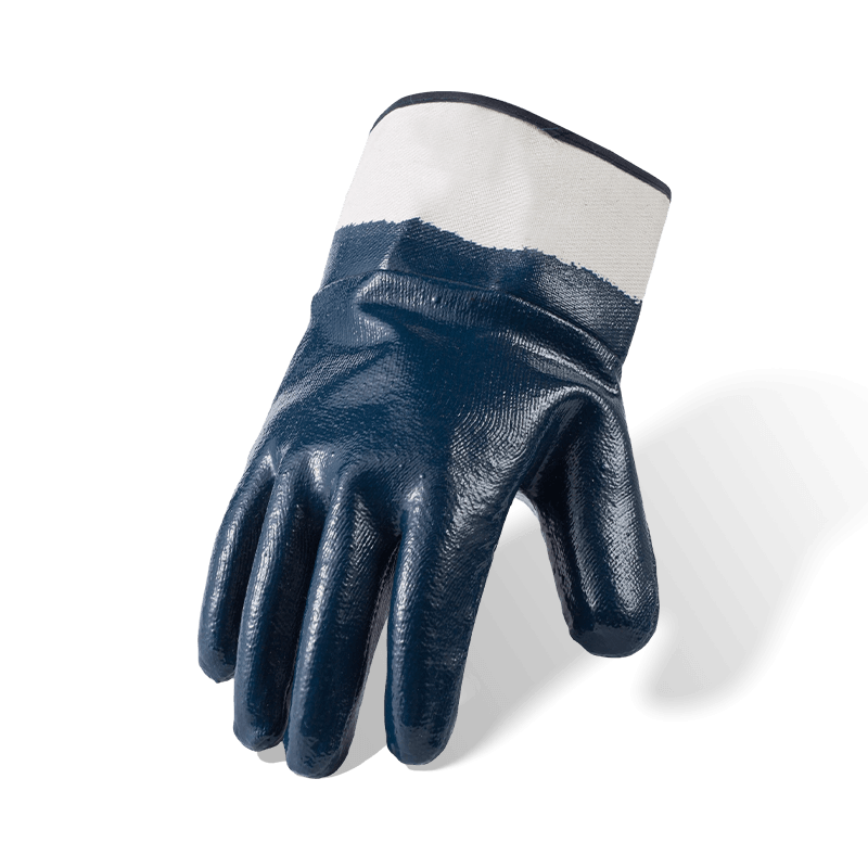 Guantes de trabajo de nitrilo azul con forro polar de algodón de calibre 7, totalmente recubiertos — lisos, impermeables, resistentes al aceite y a los químicos