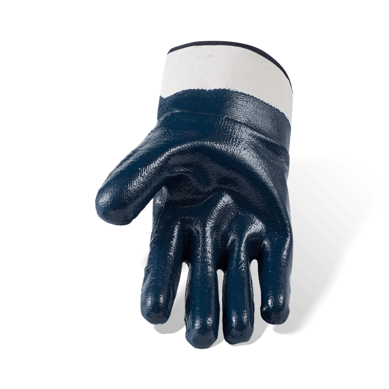 Guantes de trabajo de nitrilo azul con forro polar de algodón de calibre 7, totalmente recubiertos — lisos, impermeables, resistentes al aceite y a los químicos