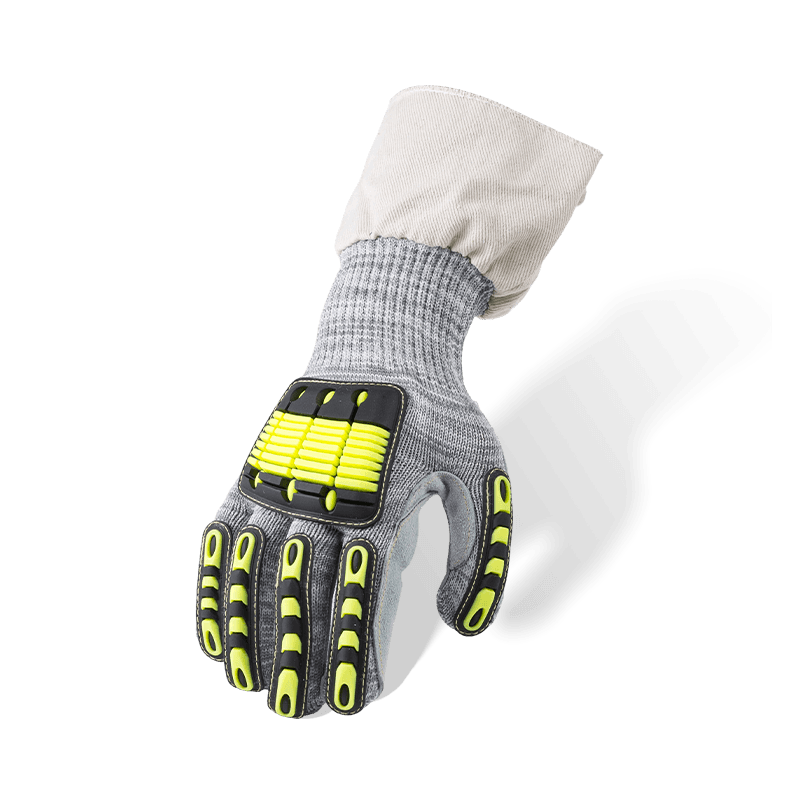 Guantes resistentes a cortes ANSI A5 calibre 13 con palma de cuero de grano completo, dorso de mano TPR y puño de lona — Mecánicos de alta resistencia Guantes resistentes a cortes ANSI A5 calibre 13 con palma de cuero de grano completo, dorso de mano TPR y puño de lona — Mecánicos de alta resistencia
