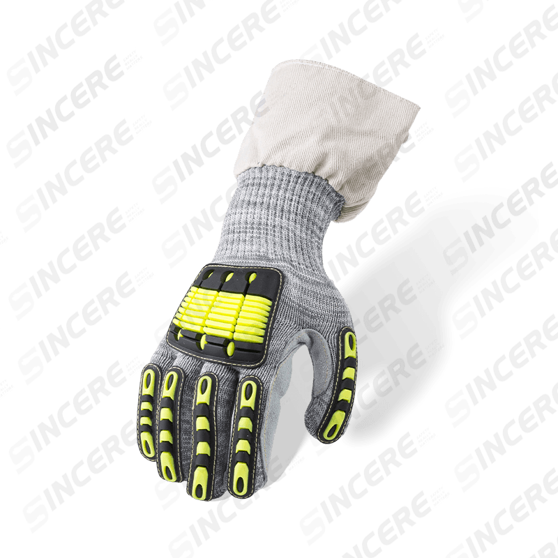 Guantes resistentes a cortes ANSI A5 calibre 13 con palma de cuero de grano completo, dorso de mano TPR y puño de lona — Mecánicos de alta resistencia