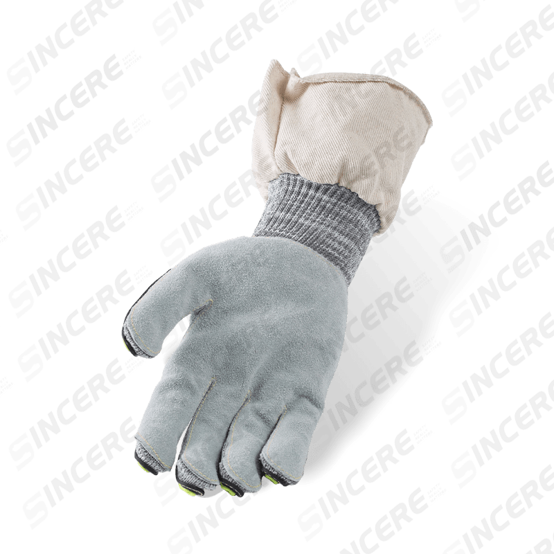 Guantes resistentes a cortes ANSI A5 calibre 13 con palma de cuero de grano completo, dorso de mano TPR y puño de lona — Mecánicos de alta resistencia Guantes resistentes a cortes ANSI A5 calibre 13 con palma de cuero de grano completo, dorso de mano TPR y puño de lona — Mecánicos de alta resistencia