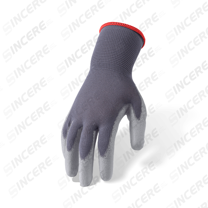 Guantes de nailon gris calibre 13 con revestimiento de palma de PU gris — Guantes de trabajo de precisión livianos