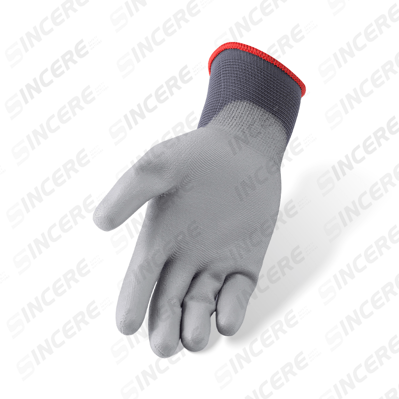 Guantes de nailon gris calibre 13 con revestimiento de palma de PU gris — Guantes de trabajo de precisión livianos