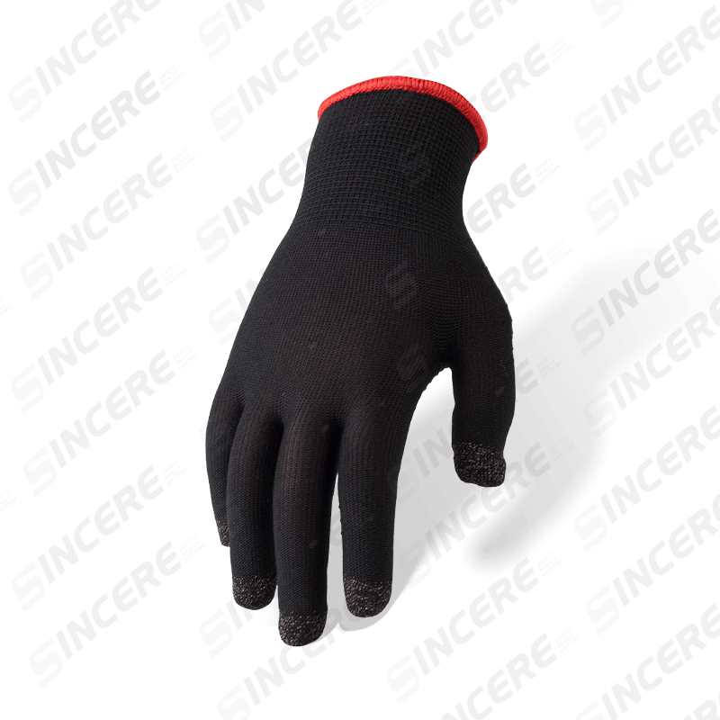 Guantes de nailon negro calibre 13 con yemas de los dedos con pantalla táctil de fibra de carbono y palma punteada de PVC — Compatibles con pantalla táctil