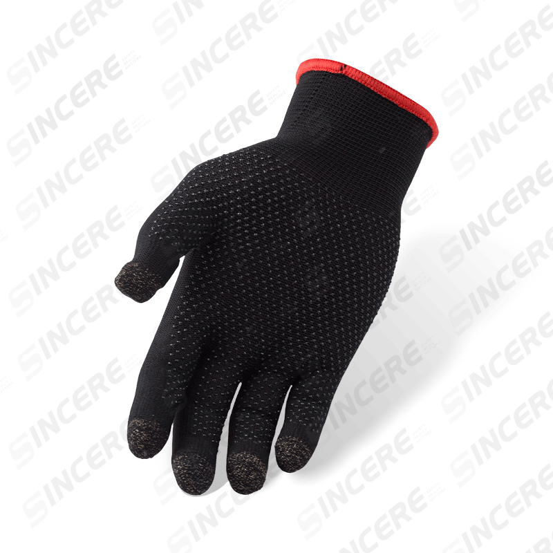 Guantes de nailon negro calibre 13 con yemas de los dedos con pantalla táctil de fibra de carbono y palma punteada de PVC — Compatibles con pantalla táctil