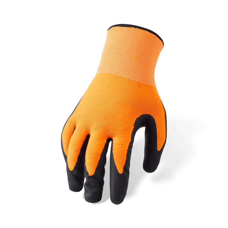 Guantes de spandex de nailon naranja calibre 15 con palma de microespuma de nitrilo negro — Guantes de trabajo de precisión de alta visibilidad