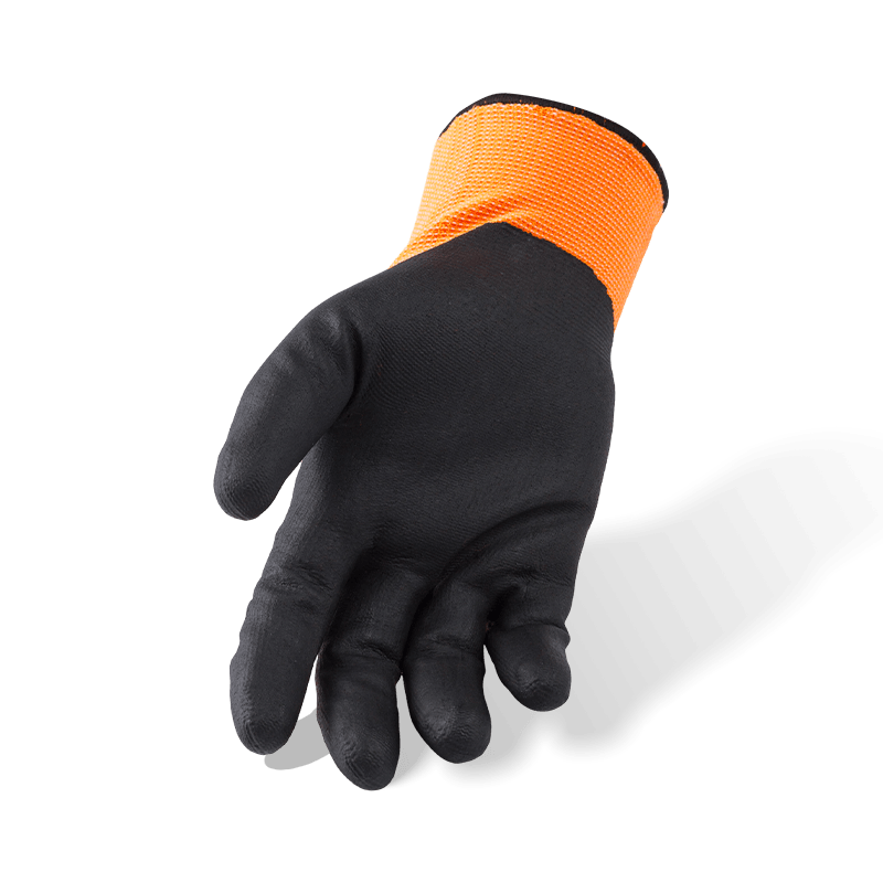 Guantes de spandex de nailon naranja calibre 15 con palma de microespuma de nitrilo negro — Guantes de trabajo de precisión de alta visibilidad