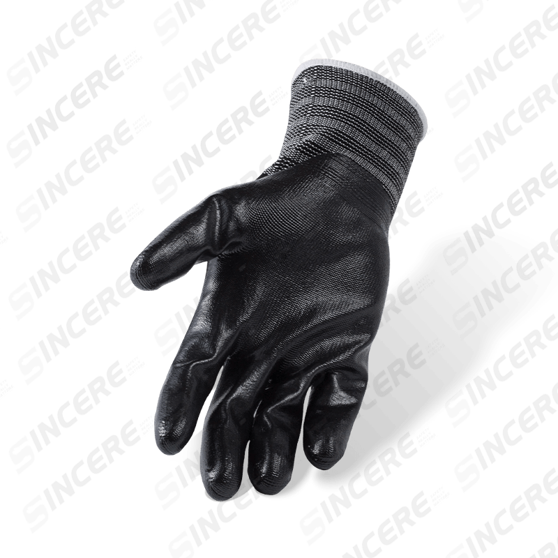Guantes de nailon negro calibre 13 con revestimiento de palma liso de nitrilo negro — Guantes de trabajo de uso general resistentes al aceite