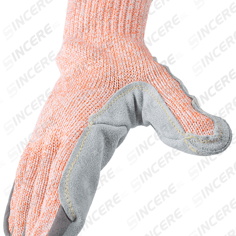 Guantes resistentes a cortes ANSI A9 calibre 7 con palma de cuero de grano completo y entrepierna reforzada para el pulgar — Máxima protección contra cortes Guantes resistentes a cortes ANSI A9 calibre 7 con palma de cuero de grano completo y entrepierna reforzada para el pulgar — Máxima protección contra cortes