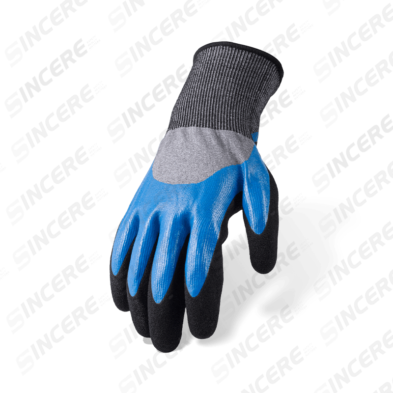 Guantes resistentes a cortes ANSI A5 calibre 18 — inmersión suave de nitrilo azul de 3/4 con capa superior de palma arenosa negra