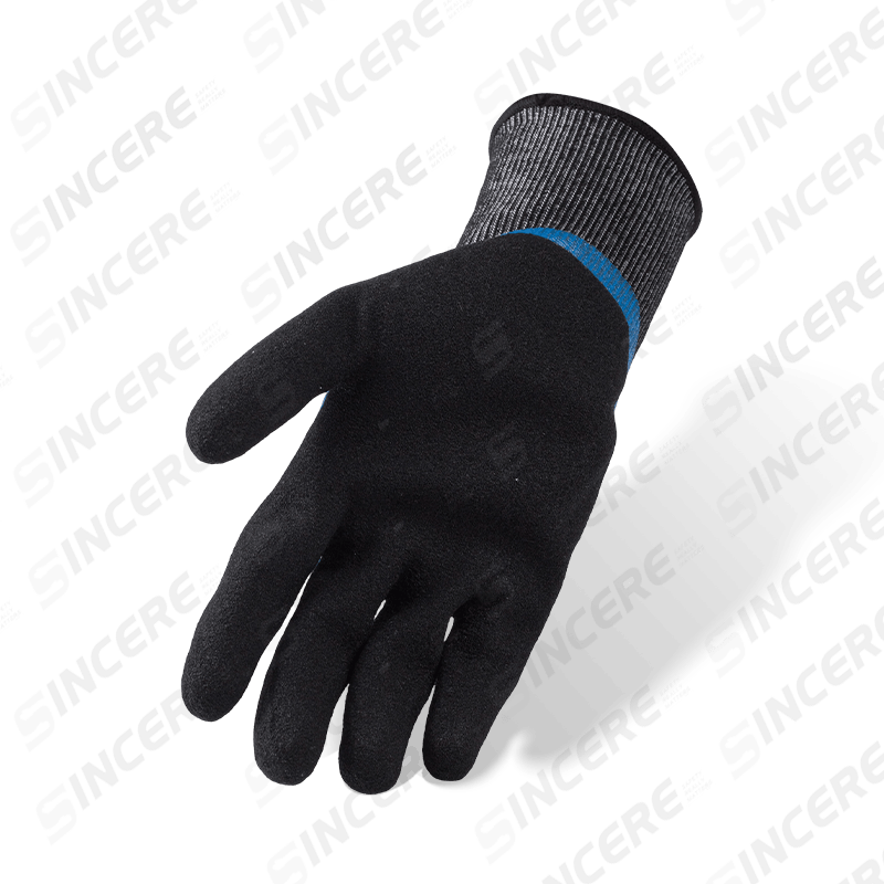 Guantes resistentes a cortes ANSI A5 calibre 18 — inmersión suave de nitrilo azul de 3/4 con capa superior de palma arenosa negra Guantes resistentes a cortes ANSI A5 calibre 18 — inmersión suave de nitrilo azul de 3/4 con capa superior de palma arenosa negra