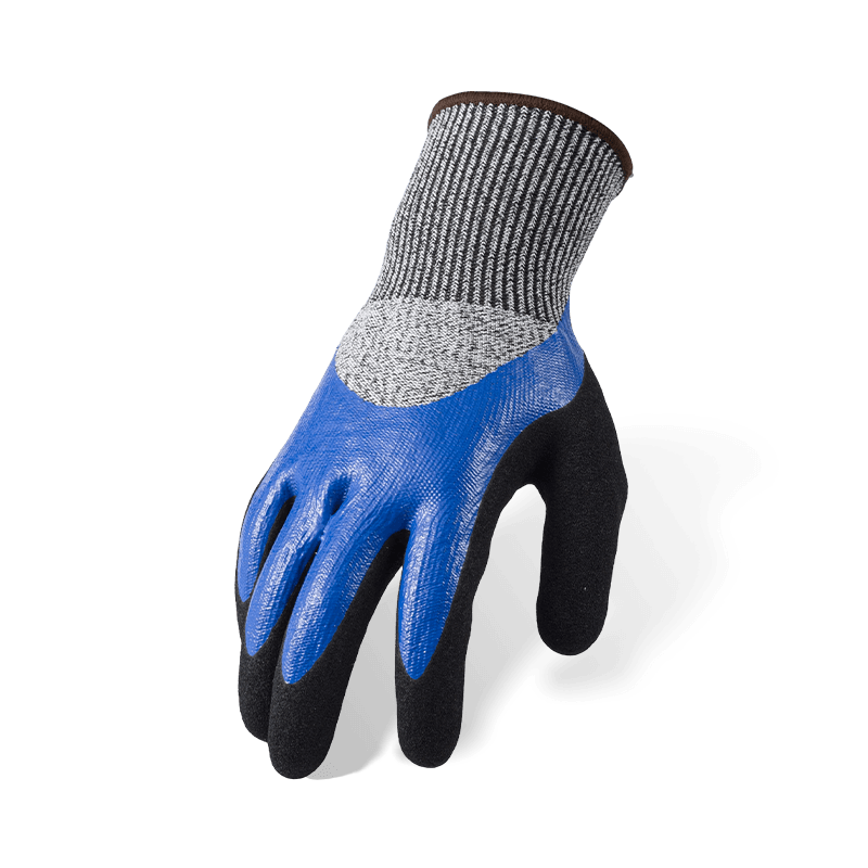 Guantes resistentes a cortes ANSI A4 calibre 13 — inmersión suave de nitrilo azul de 3/4 con palma arenosa negra y refuerzo de pulgar completo Guantes resistentes a cortes ANSI A4 calibre 13 — inmersión suave de nitrilo azul de 3/4 con palma arenosa negra y refuerzo de pulgar completo