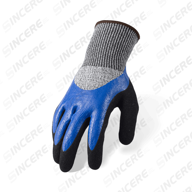 Guantes resistentes a cortes ANSI A4 calibre 13 — inmersión suave de nitrilo azul de 3/4 con palma arenosa negra y refuerzo de pulgar completo
