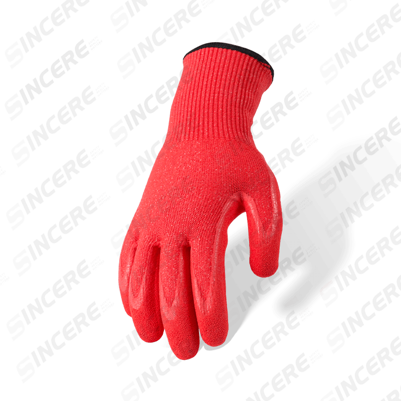 Guantes resistentes a cortes ANSI A3 de calibre 13 con revestimiento de nitrilo rojo y palma arenosa — protección de corte medio