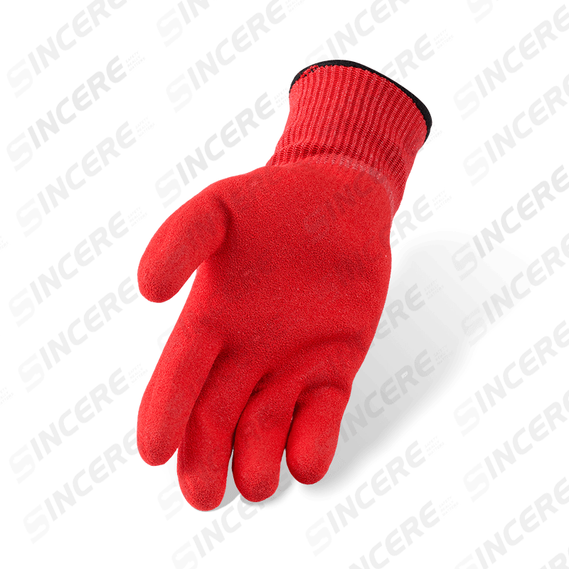 Guantes resistentes a cortes ANSI A3 de calibre 13 con revestimiento de nitrilo rojo y palma arenosa — protección de corte medio Guantes resistentes a cortes ANSI A3 de calibre 13 con revestimiento de nitrilo rojo y palma arenosa — protección de corte medio