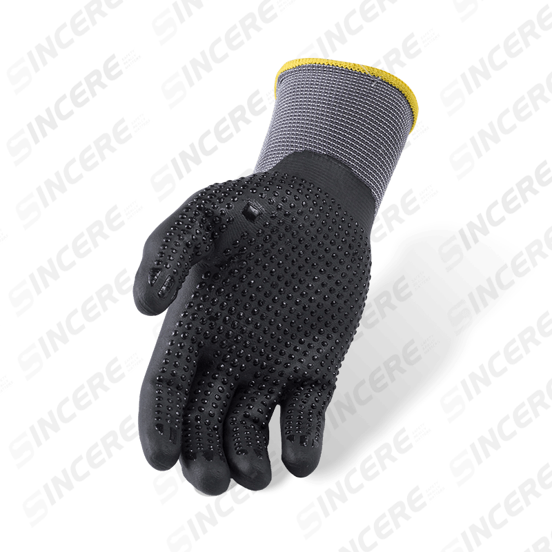 Guantes de spandex de nailon calibre 15 con palma de microespuma de nitrilo negro y agarre antideslizante con puntos de nitrilo