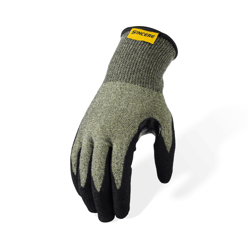 Guantes resistentes a cortes ANSI A6 de aramida calibre 15 con palma arenosa de nitrilo negro y entrepierna de pulgar reforzada Guantes resistentes a cortes ANSI A6 de aramida calibre 15 con palma arenosa de nitrilo negro y entrepierna de pulgar reforzada