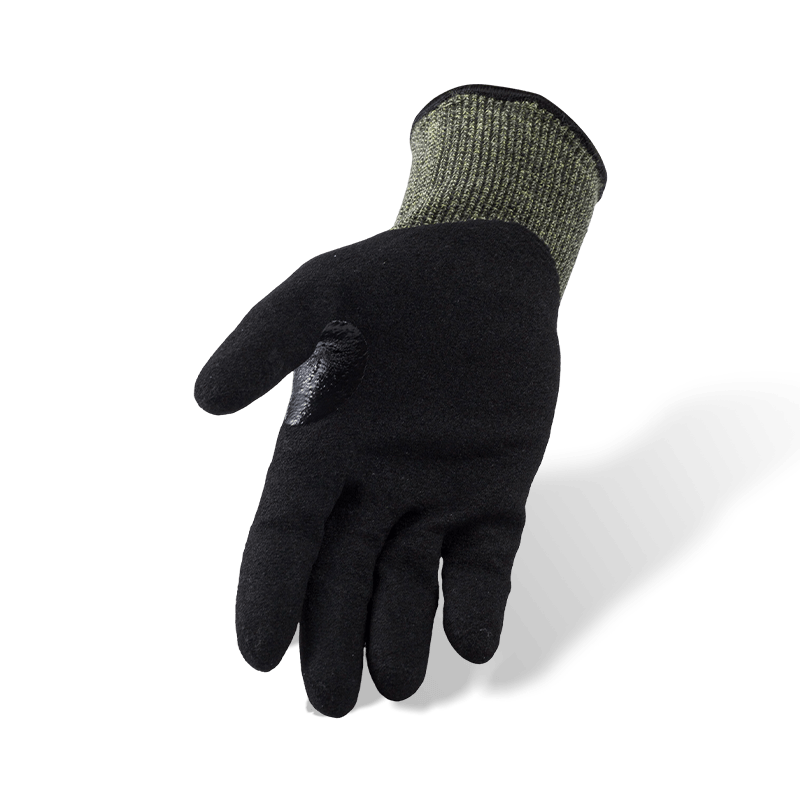 Guantes resistentes a cortes ANSI A6 de aramida calibre 15 con palma arenosa de nitrilo negro y entrepierna de pulgar reforzada Guantes resistentes a cortes ANSI A6 de aramida calibre 15 con palma arenosa de nitrilo negro y entrepierna de pulgar reforzada