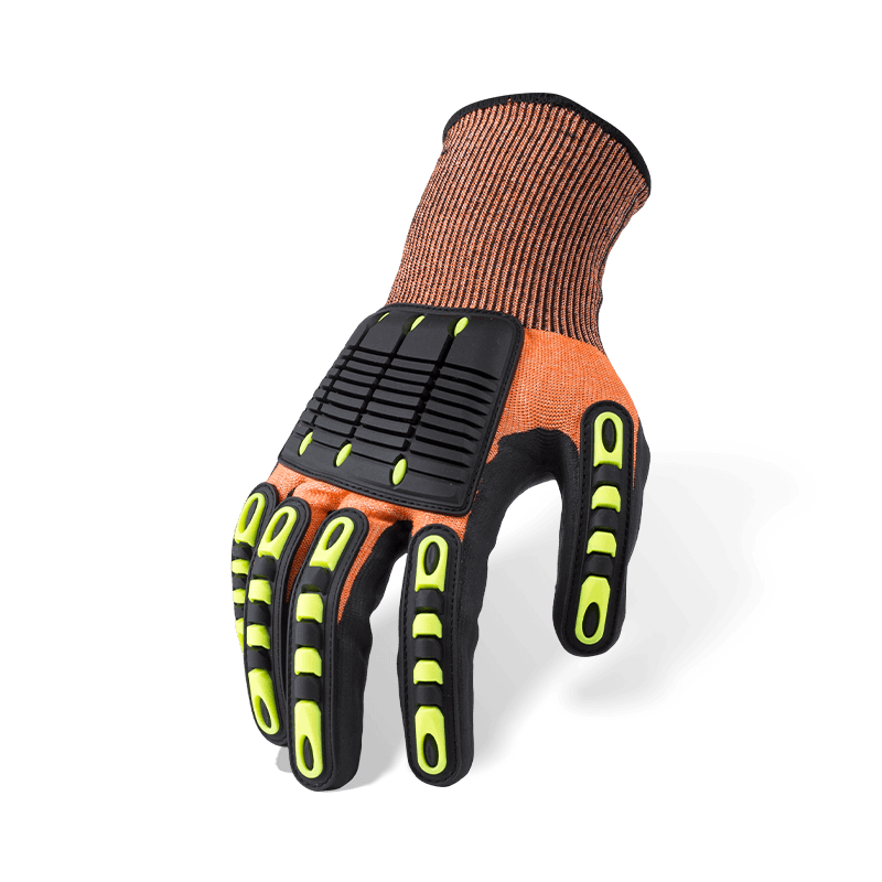 Guantes resistentes a cortes ANSI A5 de color naranja calibre 15 con microespuma de nitrilo negro para palma y protección contra impactos en la parte posterior de la mano con TPR