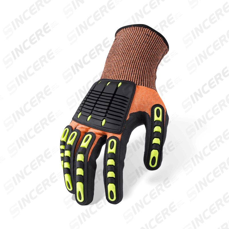Guantes resistentes a cortes ANSI A5 de color naranja calibre 15 con microespuma de nitrilo negro para palma y protección contra impactos en la parte posterior de la mano con TPR